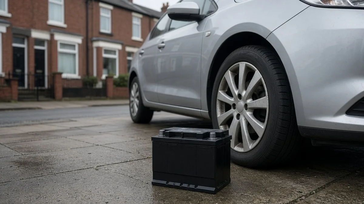 A 12V battery standing on the pavement beside a parked car