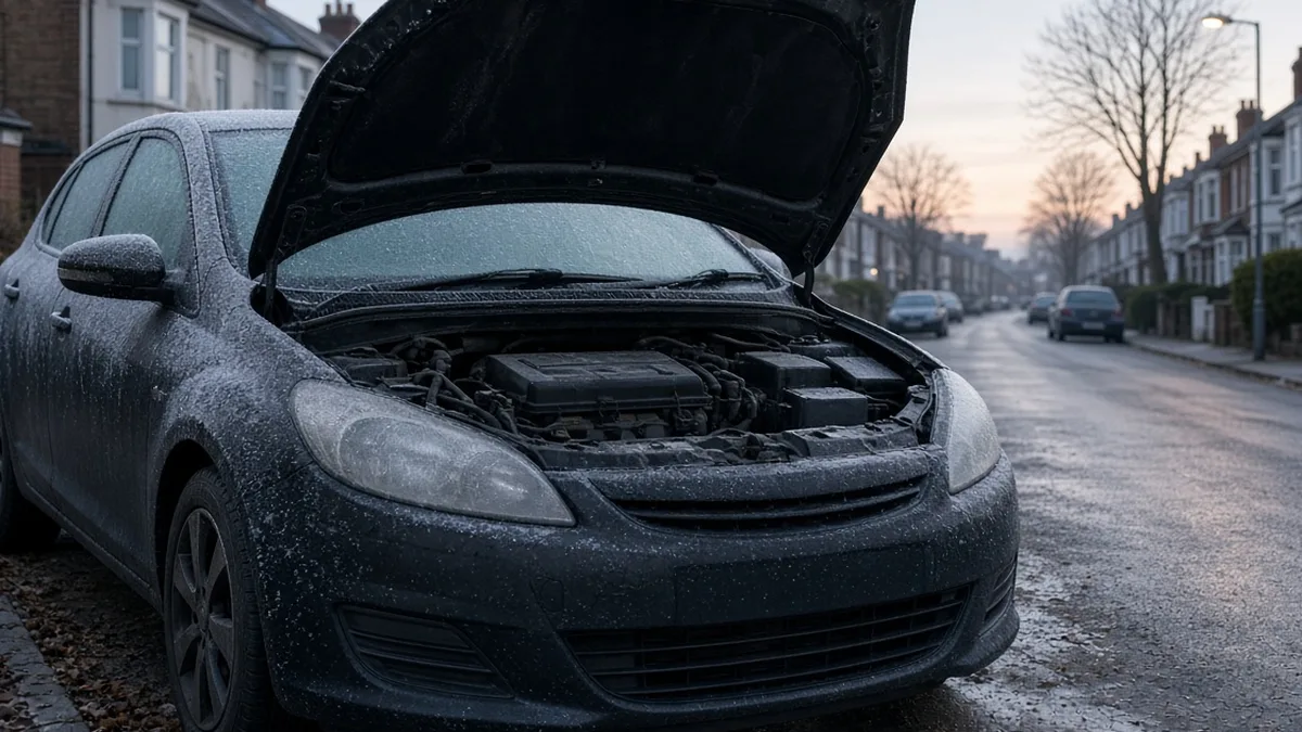 A frosted car with the bonnet open on a residential street
