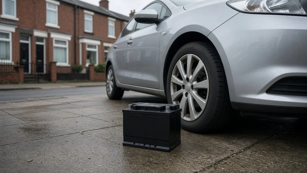 A 12V battery standing on the pavement beside a parked car