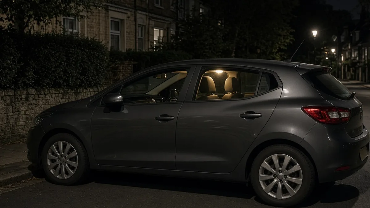 A parked car at night with the interior light left on