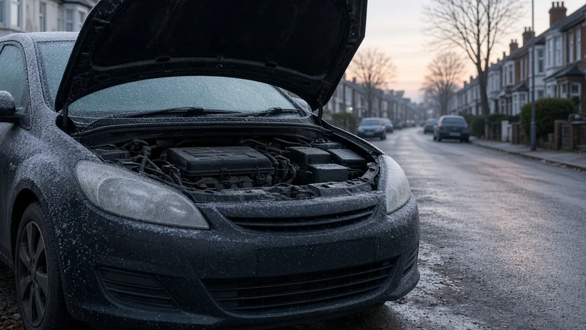 A frosted car with the bonnet open on a residential street