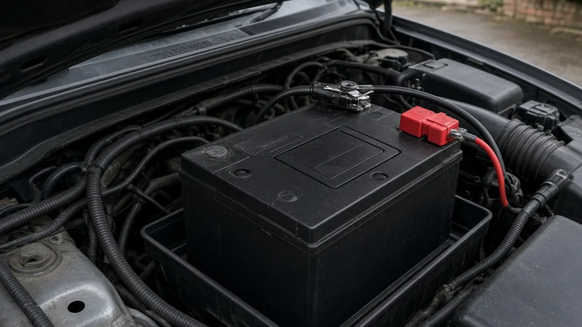 Open bonnet with a 12V battery seated in the engine bay