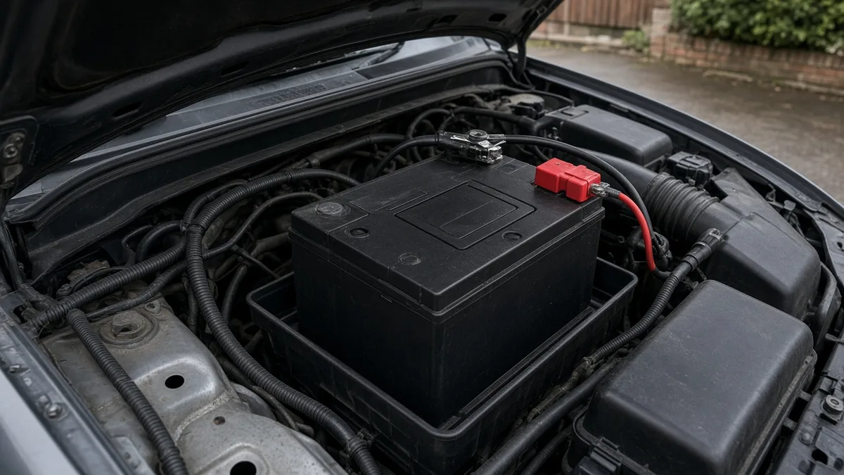 Open bonnet with a 12V battery seated in the engine bay